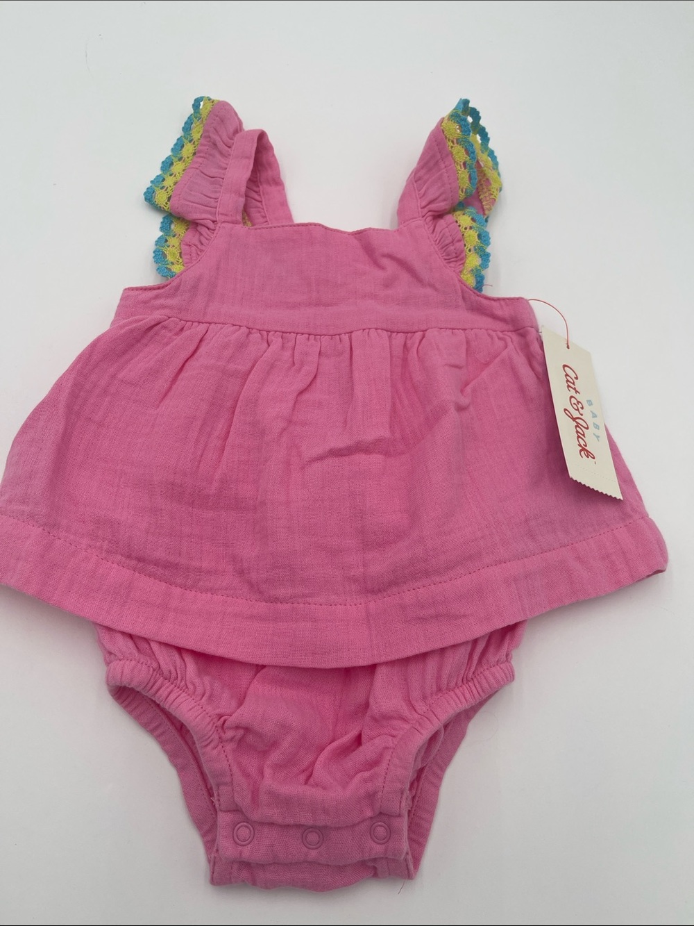 Cat & Jack Pink Baby Girl Ruffle Tank Romper with Multicolor Trim